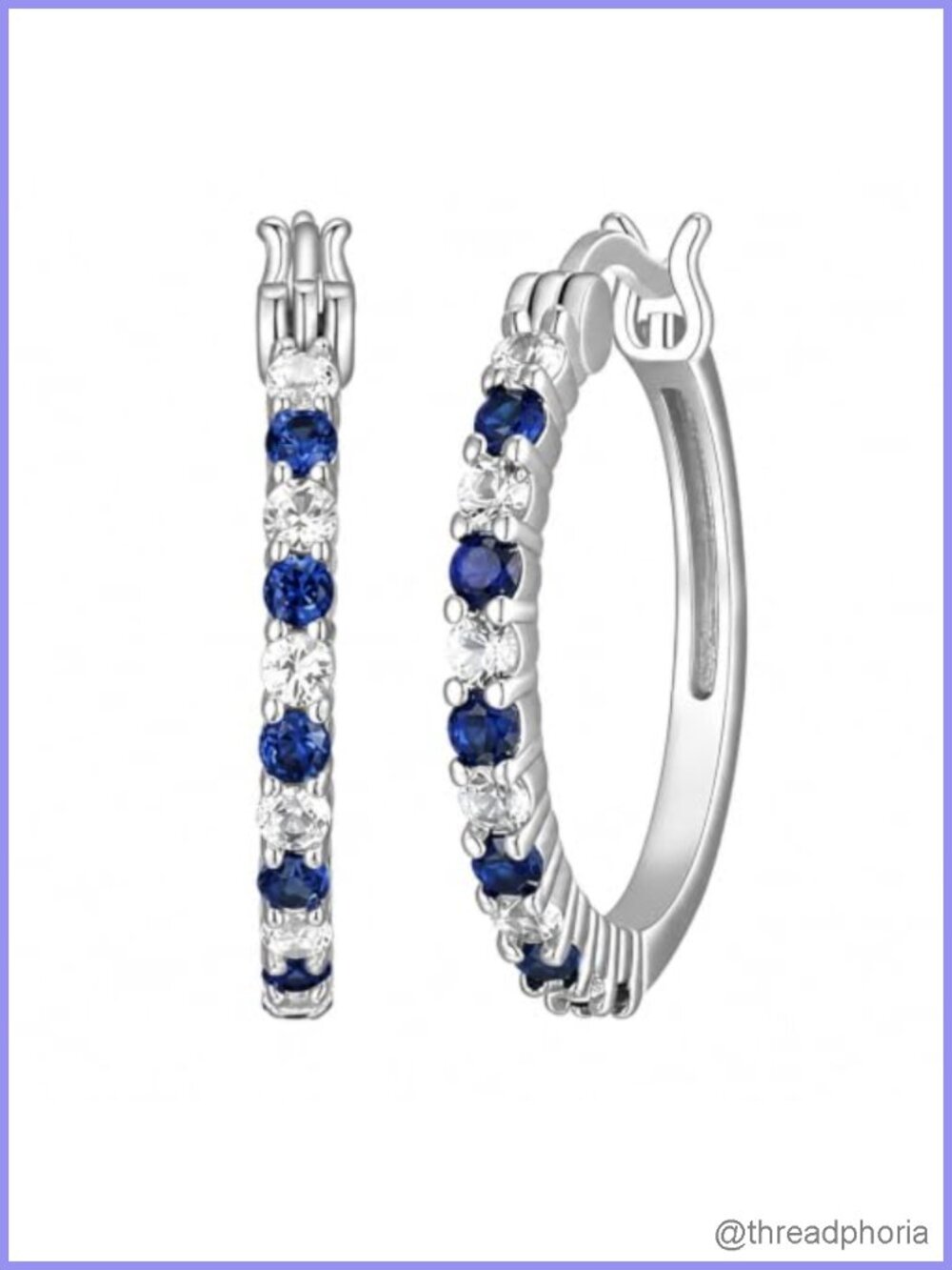 Silver Rhodium Plated Sterling Silver Hoop Earrings Blue White Sapphire